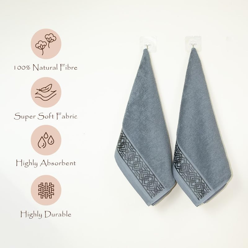 Rangoli 100% Cotton Fibre 2 Hand Towels 400 Gsm | Highly Durable & Absorbent Towel | Skin-Friendly & Quick Drying Luxury Towels (Grey) - Pack Of 2