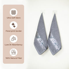Rangoli 100% Cotton Fibre Hand Towels 440 Gsm | Highly Durable & Absorbent With Printed Border | Quick Drying Towels (Grey) - Pack Of 2