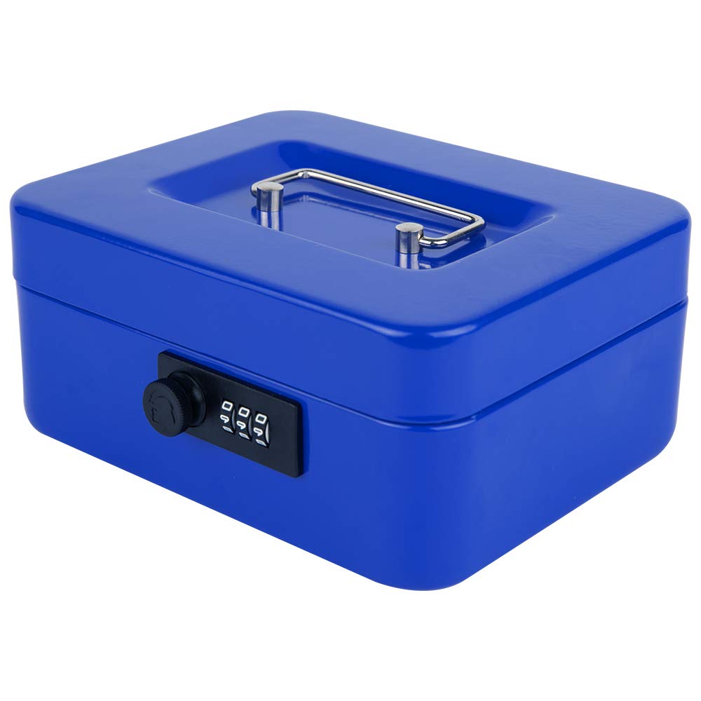 Medium Metal Cash Box With Combination Lock Safe & Money Tray For Security 7.87"X 6.30"X 3.54" Colour - Blue