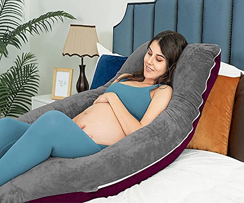 U Shaped Pillow, Pregnancy Pillow For Maternity & Baby Nursing - Wine & Grey | Pregnant Women Stomach, Spine, Neck Support, Velvet Outer Cover With Zip, Full Body Pillow, Adjustable Pillow