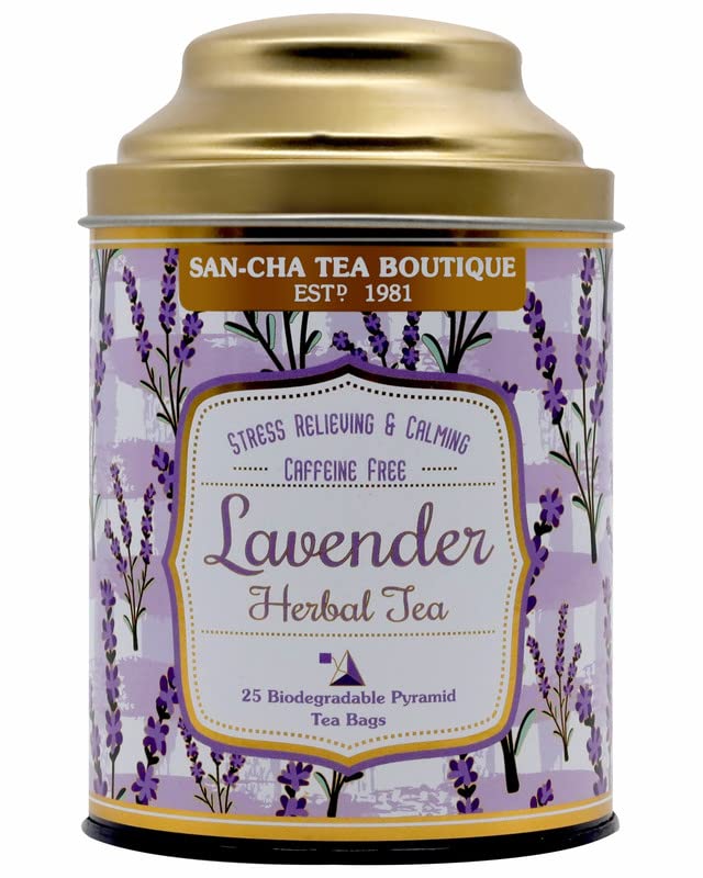 San-Cha Lavender Herbal Tea - 25 Biodegradable Pyramid Tea Bags | Stress Relieving & Calming Herbal Tea - Sun Dried Lavender Flowers, Caffeine Free