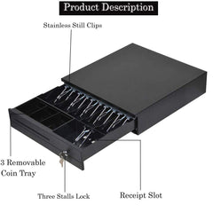 Metal 5 Bills & 3 Removable Coin Slots With Rj11 Interface Cable Automatic Cash Drawer Box For Shopping Mall, Shops, Colour - Black