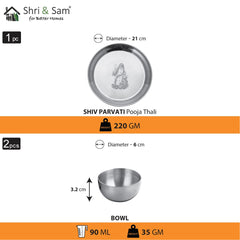 Stainless Steel Shiv Parvati Ji Pooja Thali Set Of 3, Silver | 1 Pooja Thali+ 2 Katoris - Easy To Clean & Dishwasher Safe