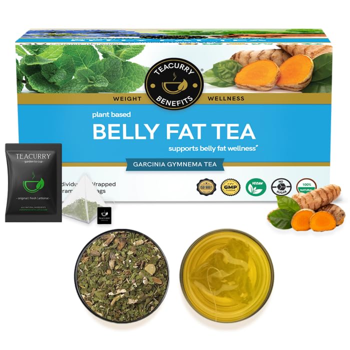 Teacurry Plant Based Belly Fat Tea - 30 Individually Wrapped Tea Bags | Helps With Belly Fat, Water Weight, Bloating - Low Caffeine | Made With Cinnamon, Gymnema Sylvestre, Turmeric