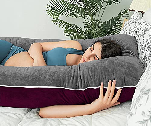 U Shaped Pillow, Pregnancy Pillow For Maternity & Baby Nursing - Wine & Grey | Pregnant Women Stomach, Spine, Neck Support, Velvet Outer Cover With Zip, Full Body Pillow, Adjustable Pillow