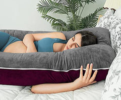 U Shaped Pillow, Pregnancy Pillow For Maternity & Baby Nursing - Wine & Grey | Pregnant Women Stomach, Spine, Neck Support, Velvet Outer Cover With Zip, Full Body Pillow, Adjustable Pillow