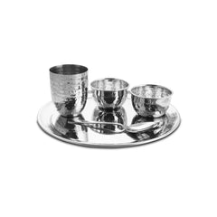 Silver Stainless Steel Hammered Diamond Thali Set Of 5 | 1 Thali+ 1 Glass+ 2 Katoris+ 1 Spoon - Easy To Clean & Dishwasher Friendly