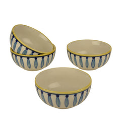 Hand Painted Ceramic Dinner Serving Bowls Set Of 4 - White & Blue, 200ml Each | Salad Bowls - Vegetable & Dessert Serving Bowls | Kitchen Bowl Set