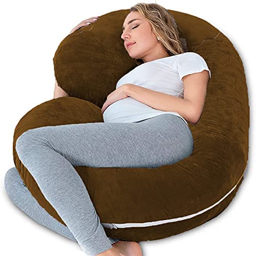 Pregnancy Pillow, Maternity Body Pillow For Sleeping, C Shaped Pillow, Brown - 55 Inch | Full Body Pillow, Pregnancy Pillow For Pregnant Women, Support Belly & Back, Removable Velvet Cover