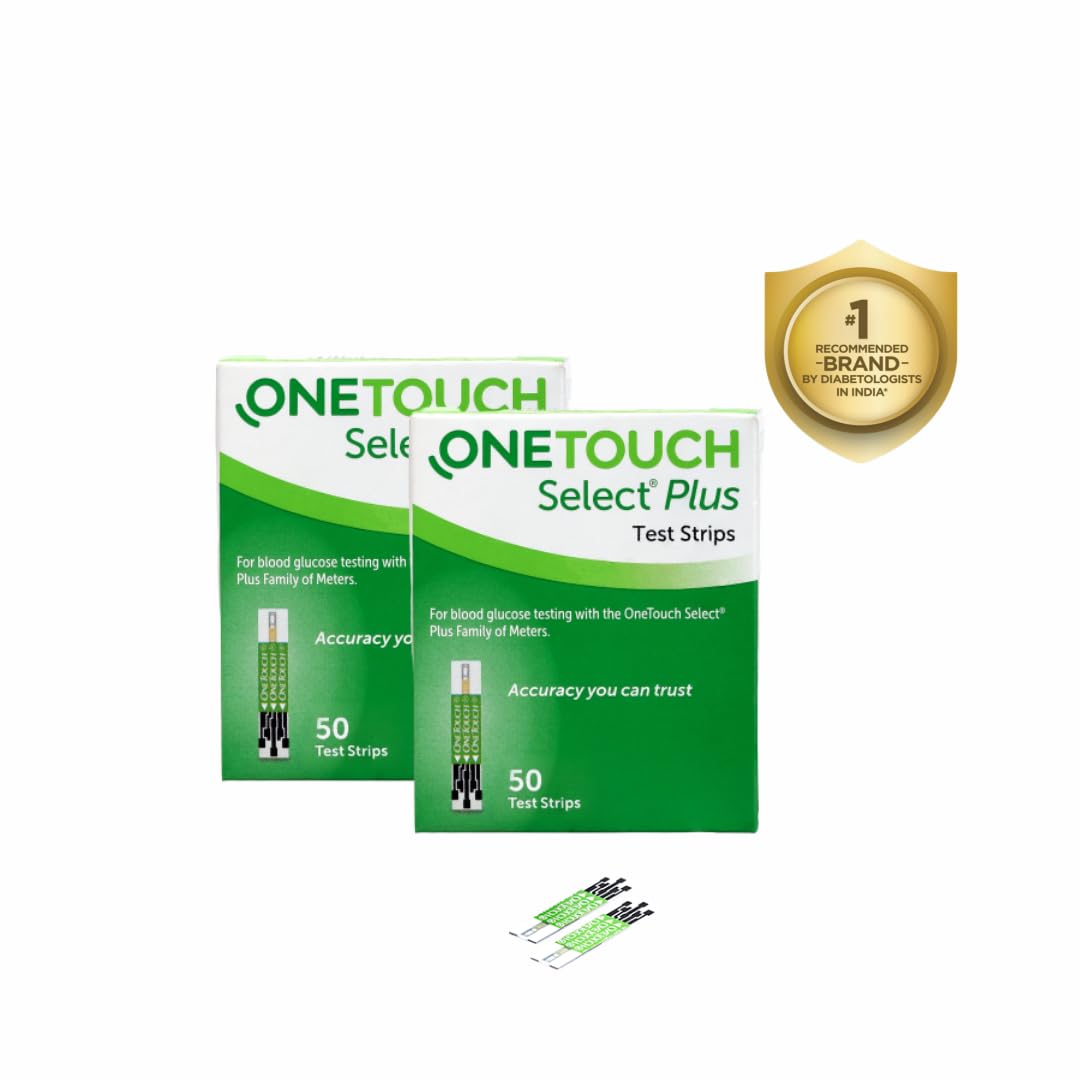 OneTouch Select Plus Test Strips - 2 Packs Of 50 Strips Each (Total 100 Strips) | Blood Sugar Test Machine Testing Strips - Global Iconic Brand | For Use With OneTouch Select Plus Simple Glucometer