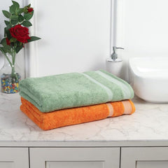 Mafatlal Premium Cotton Bath Towel 1100 Gsm | Quick Dry, Durable Long Size Towel- Pack Of 2 (Green & Orange)