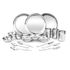 Stainless Steel Delight Solid Dinner Set Of 18 Pieces, Silver | 3 Dinner Plates+ 3 Glasses+ 3 Bowls+ 3 Pudding Bowls+ 3 Dessert Spoons+ 3 Dessert Forks - Easy To Clean & Dishwasher-Safe