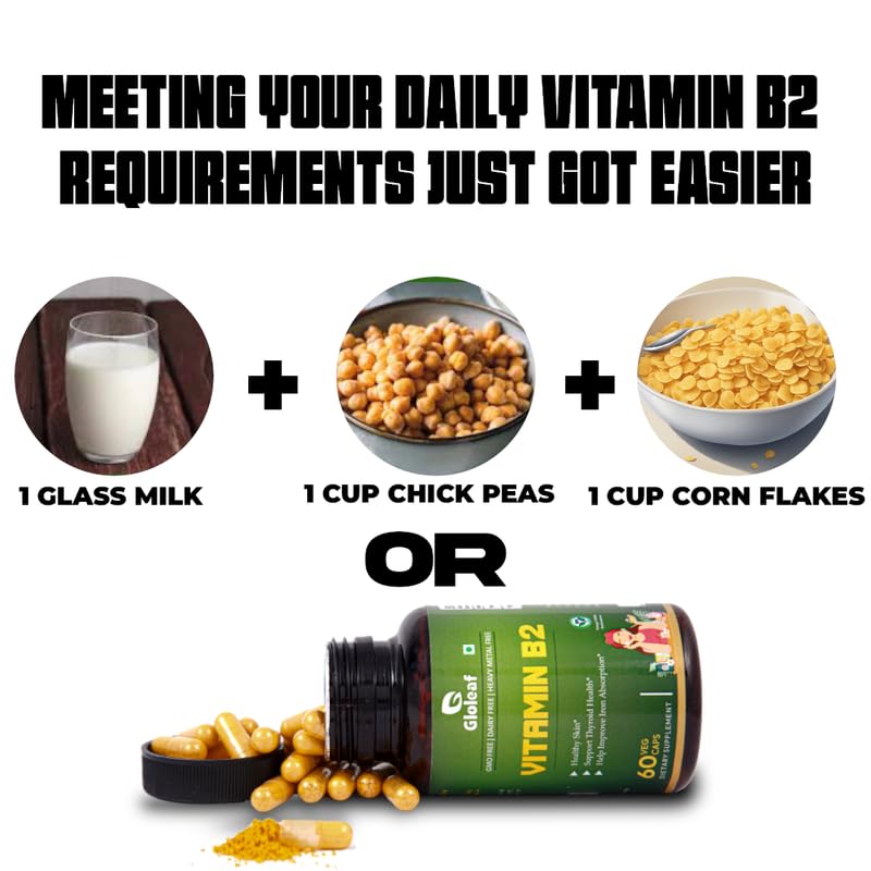 Gloleaf Vitamin B2 Riboflavin Plant Based For Vital Energy & Radiant Wellness Vegan, No Artificial Additives | 60 Capsules , 100gm 0.2lbs