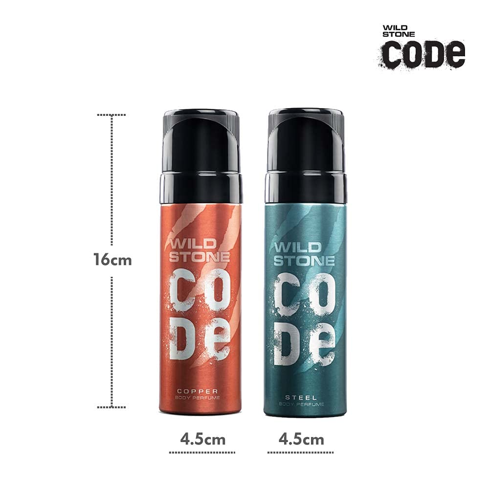 Wild Stone Code Steel & Copper No Gas Body Perfume Spray 240ml 8.1 Fl.oz. Pack Of 2 For Men | Long Lasting