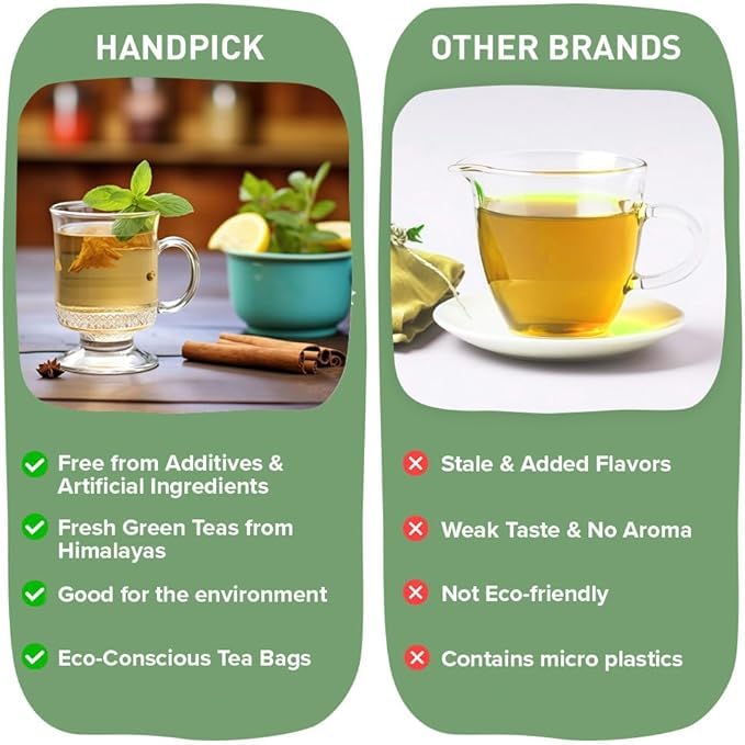 Handpick Vedic Detox Kahwa Green Tea With Rich Spice & Rocksalt - 100 Tea Bags | Blend Of 10 Real Ayurvedic Herbs - Tulsi, Ginger, Black Pepper, Clove, Nutmeg & Rock Salt | Medium Caffeine