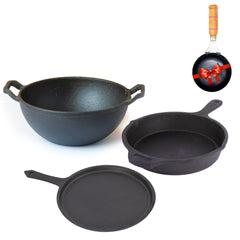 Pre-Seasoned Black Cast Iron Cookware Set + Free Tadka Pan | Tawa 25.7cm + Kadai 25.4, 3.2 Liters + Fry Pan 25cm, 1.6 Liters - Kitchen Cooking Combo Pots & Pans Set Of 4 Pc | Naturally Nonstick