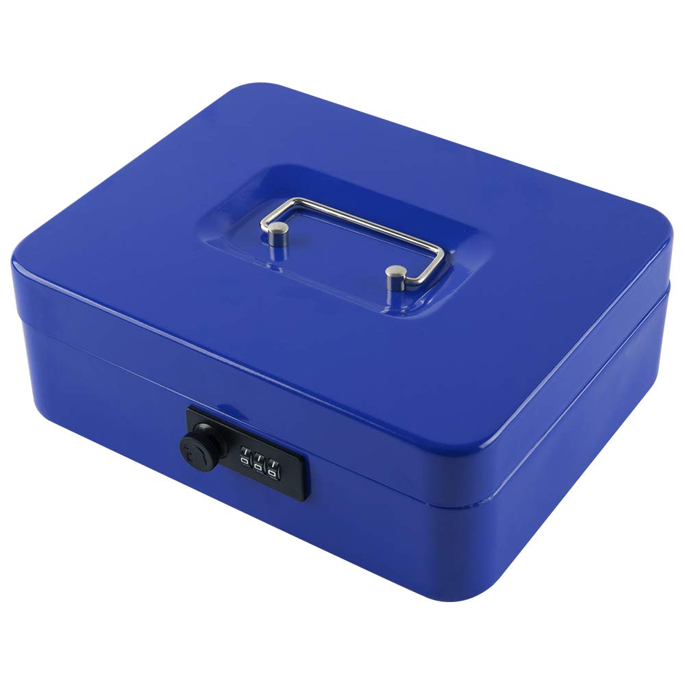 Large Cash Box With Combination Lock Safe Metal Money Box With Money Tray For Security Lock Box 9.84"X 7.87"X 3.54" Colour - Blue, Lock Type - Combination