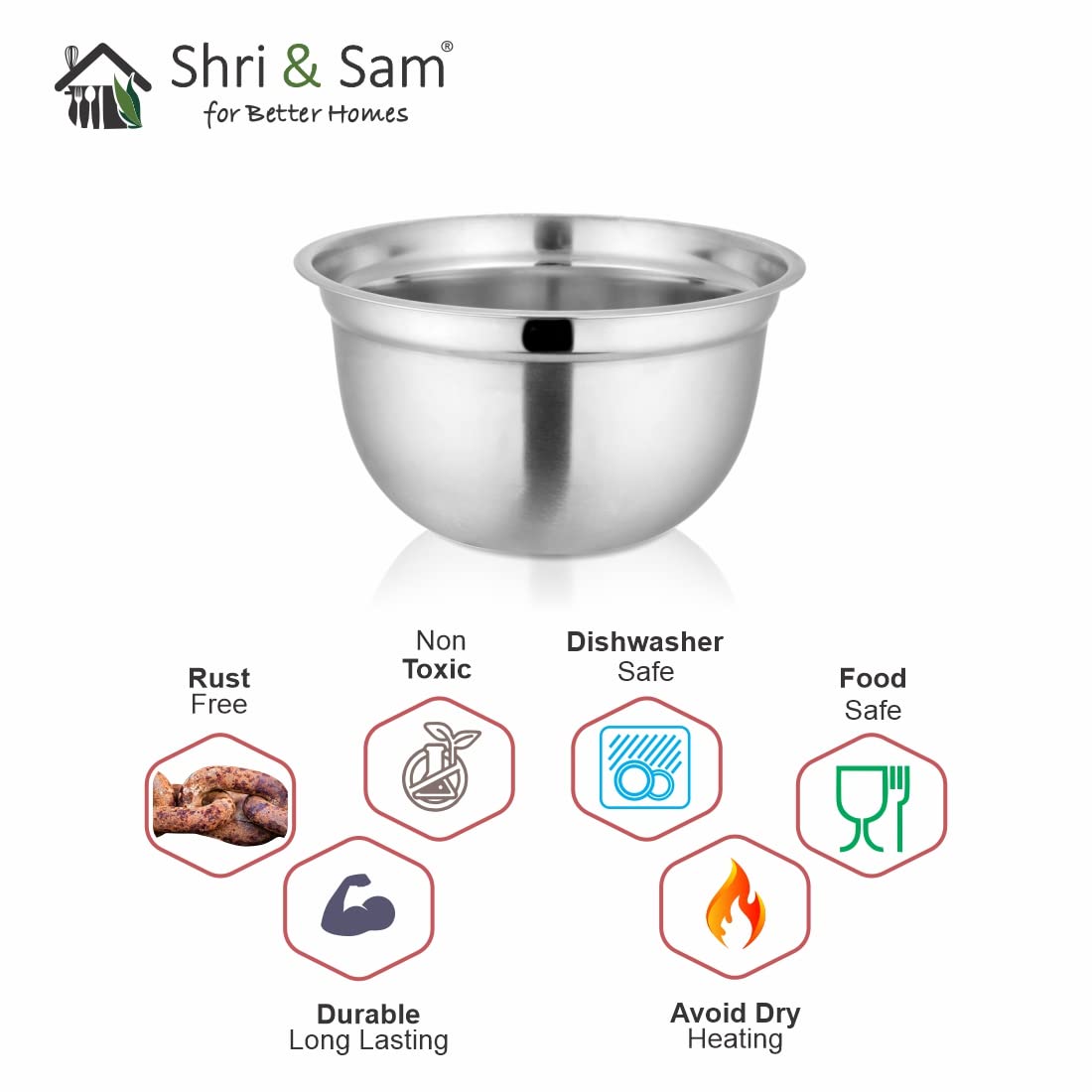 Silver Stainless Steel German Mixing Bowl - 21cm, 2800ml | Dishwasher Safe & Rust Free
