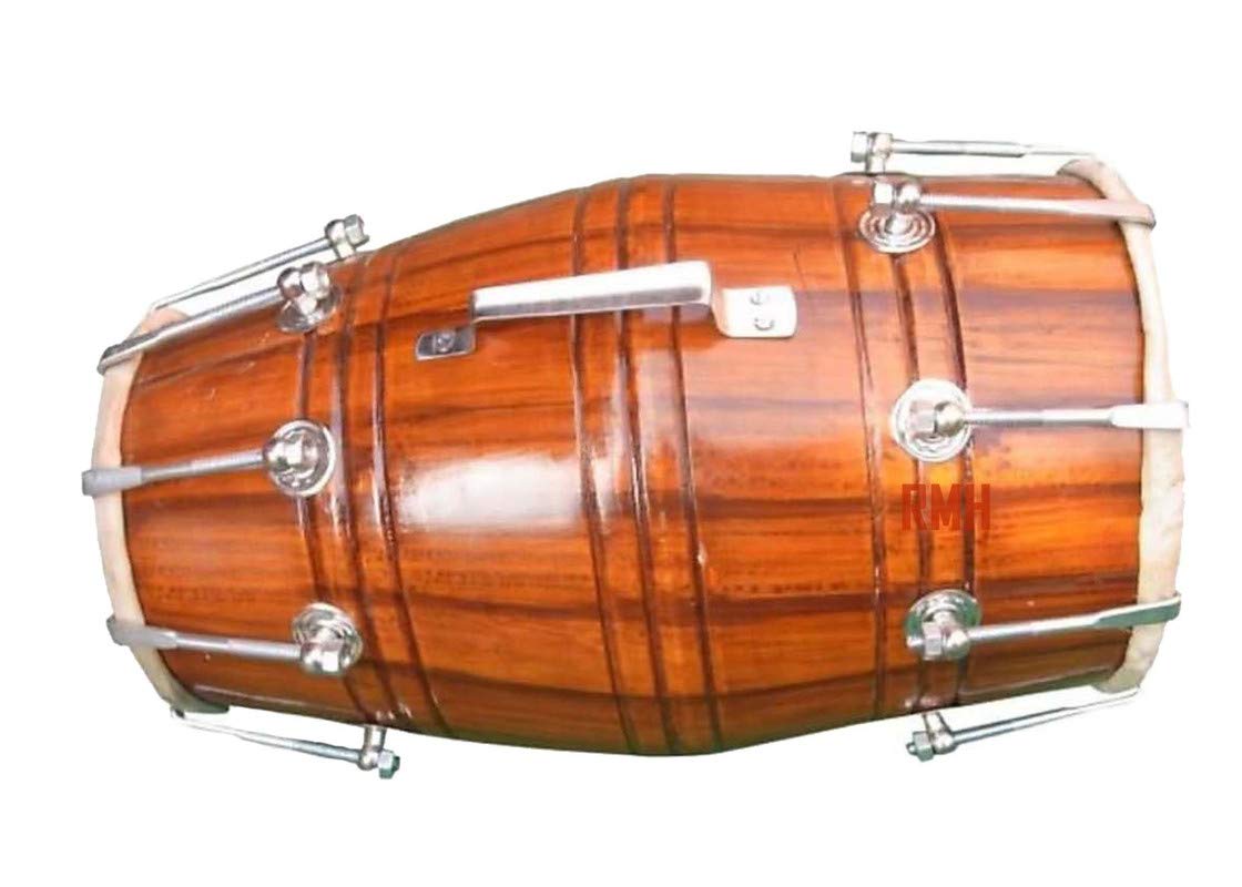 Handmade Mango Wood Dholak Beautiful Nut & Bold Fitting - Shiny Brown Goat Skin On Both Side | Mango Wood Shale, Brown Color