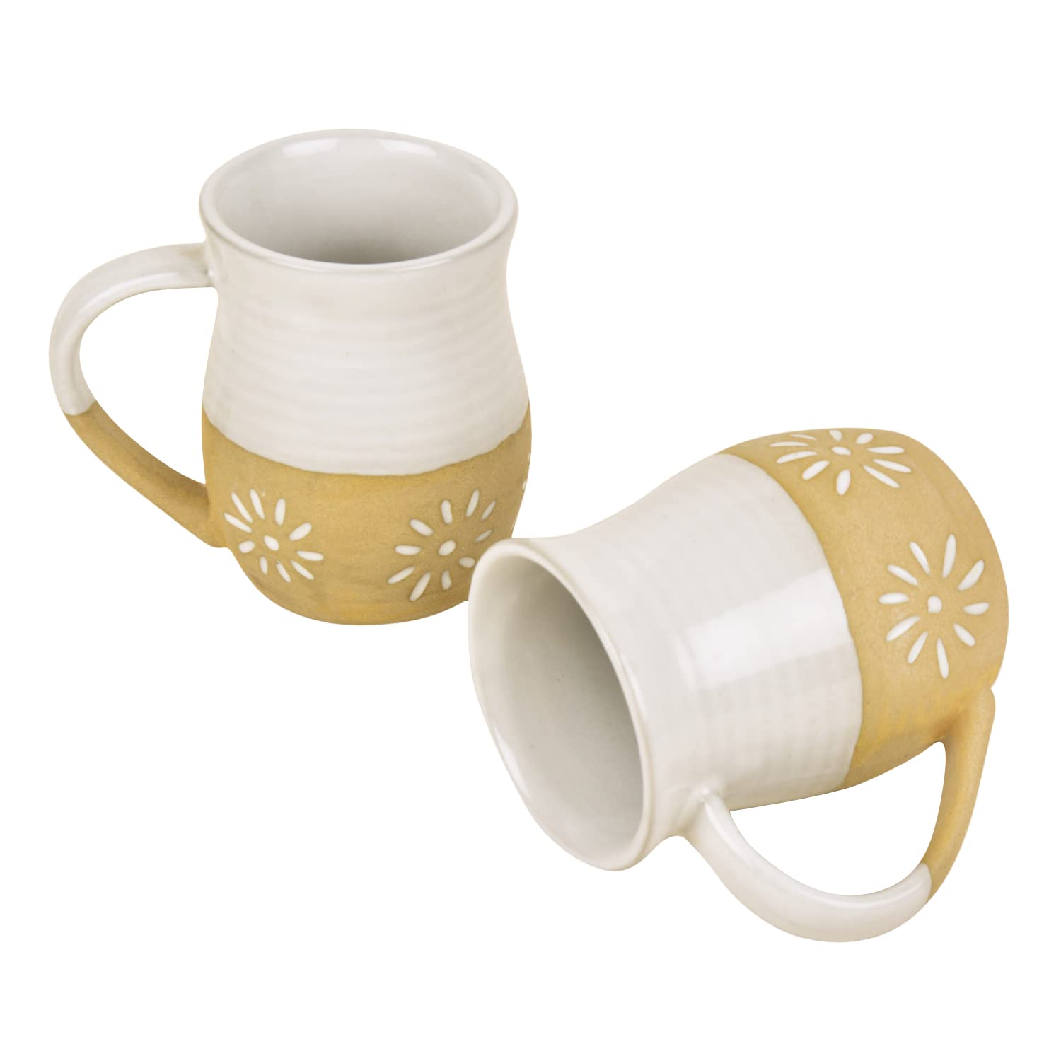 Dual Tone Studio Pottery Ceramic Coffee Mugs Set Of 2 - 350ml Each, Off White & Light Brown | Milk Mugs - Tea Cups & Mugs