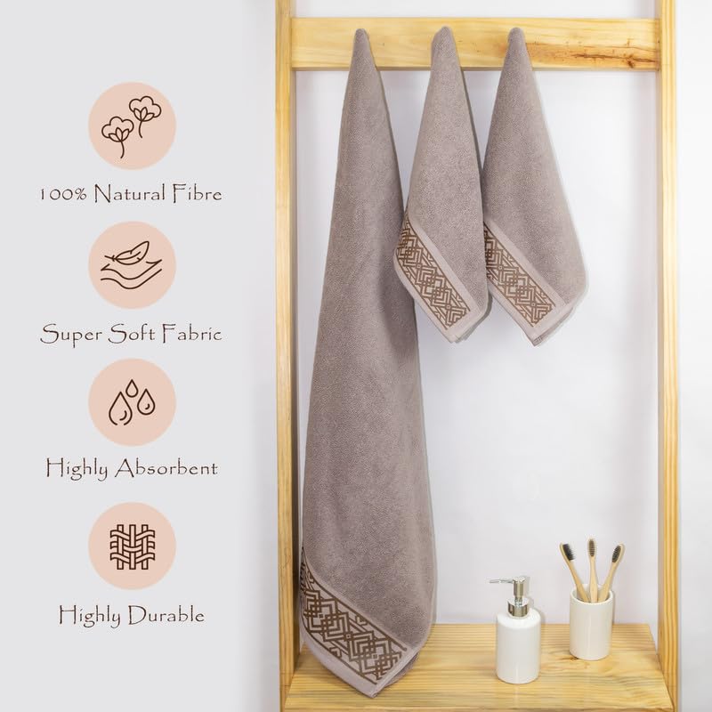 Rangoli 100% Cotton Fibre 2 Hand & 1 Bath Towel 1100 Gsm | Highly Durable & Absorbent Towel | Skin-Friendly & Quick Drying Luxury Towels (Brown) - Pack Of 3