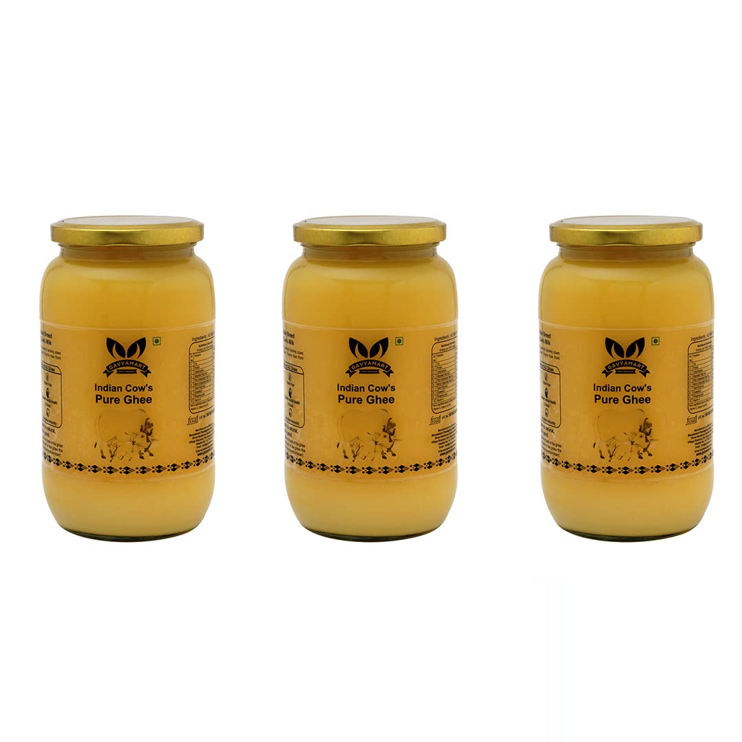 Pure Organic Indian Cow'S Ghee By Gavyamart | Rich In Healthy Fat Nutrients Desi Cow Ghee For Chapati & Sabji | 3 Litre (1 Litre * 3) 101.4 Ounce | Jar Pack