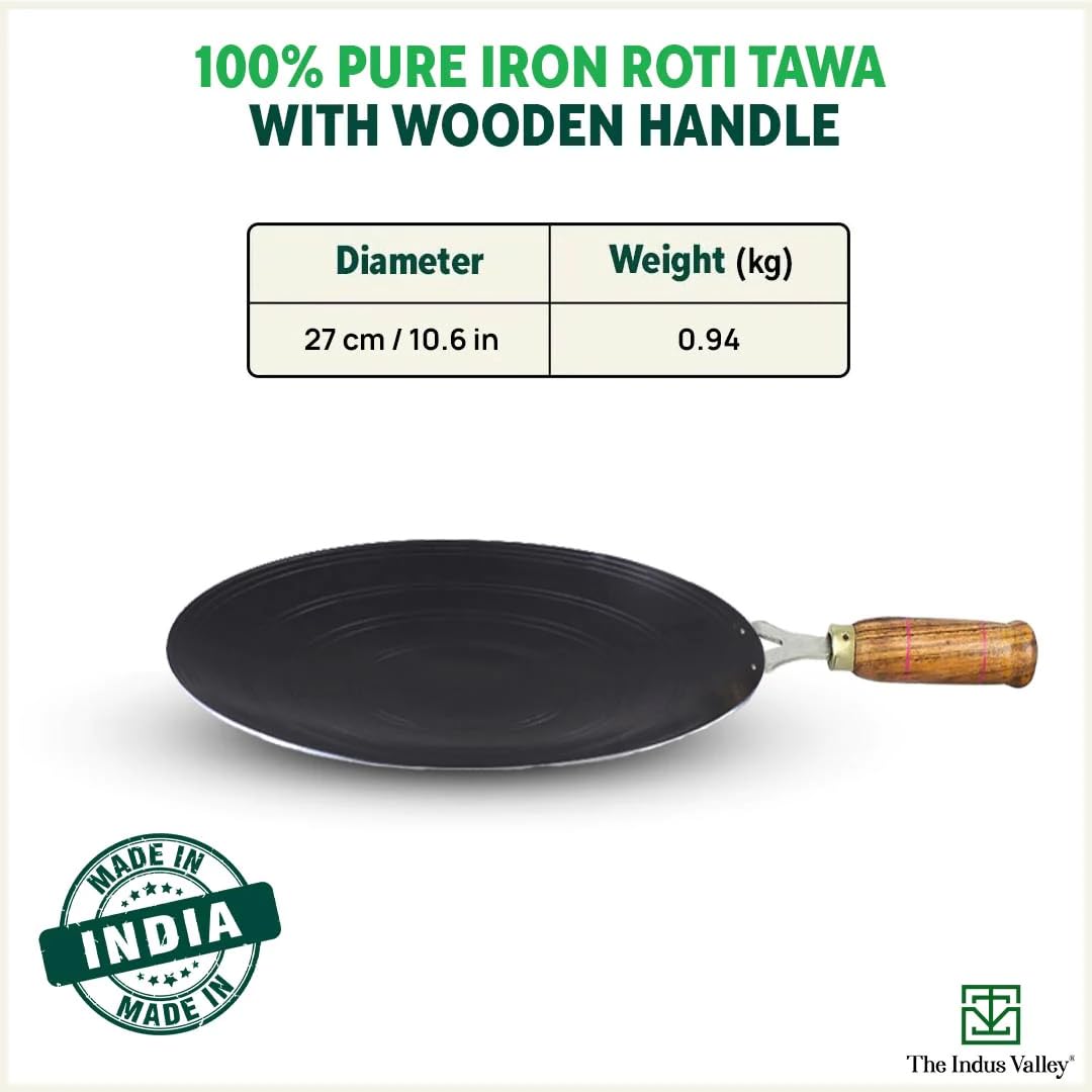 Pre-Seasoned Black Iron Tawa For Dosa, Chapathi With Wooden Handle - 27cm, 10.6 Inch, 0.95 Kg | Gas Stove Friendly, 100% Pure & Toxin-Free, No Chemical Coating