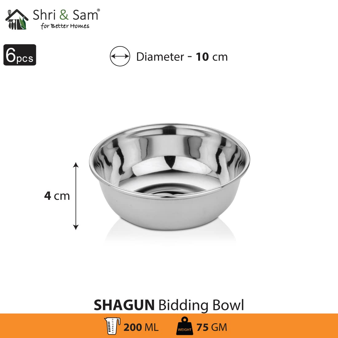 Stainless Steel Shagun High Grade Dessert Bowls Set Of 6 Pieces, Silver - 200ml Each | Easy To Clean & Dishwasher Safe