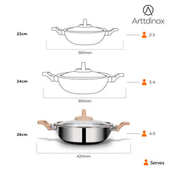 Timber Stainless Steel Triply Kadhai With Glass Lid - 24 Cm, 2.7 Liters | Wood Finished Handle - Gas & Induction Base