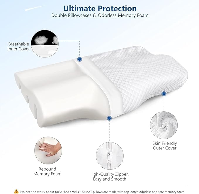 Contour Memory Foam Pillow, Orthopedic Pillows For Sleeping, White | Pillows For Neck Pain Relief, Ergonomic Cervical Pillows | For Side & Back Sleepers, Breathable, Adjustable Pillow