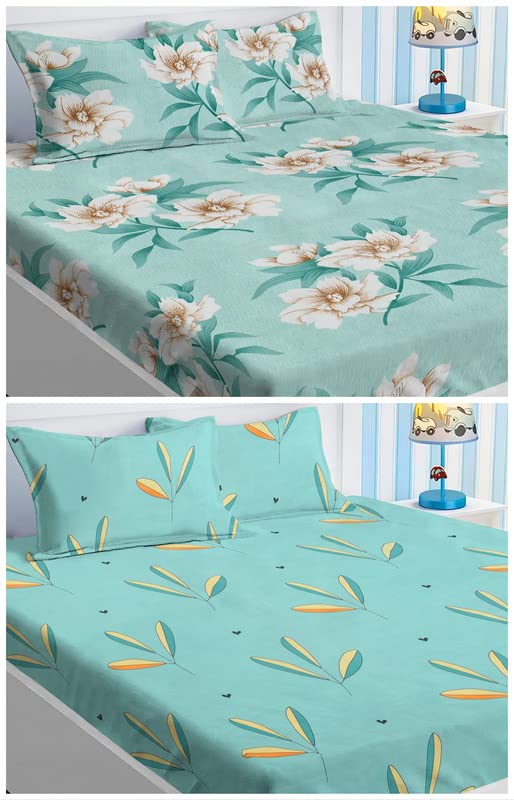 2 Double Bedsheet With 4 Pillow Covers - 90 X 90 Inches, Sea Green | 180 Thread Count Soft Brushed Cotton-Blend Long Lasting & Wrinkle Free