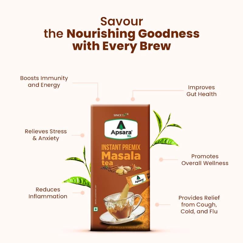 Apsara Instant Premix Masala Chai - 10 Sachets | Ready To Drink, Masala Tea Powder - Masala Chai Enriched With 100% Natural Ingredients | Ginger, Cardamom, Black Pepper, Clove, Cinnamon & Nutmeg