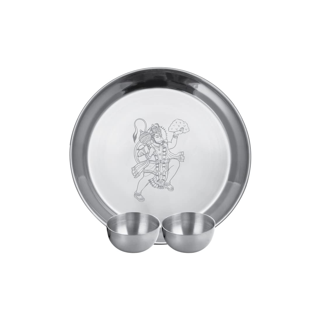 Stainless Steel Hanuman Ji Pooja Thali Set Of 3, Silver | 1 Pooja Thali+ 2 Katoris - Easy To Clean & Dishwasher Safe