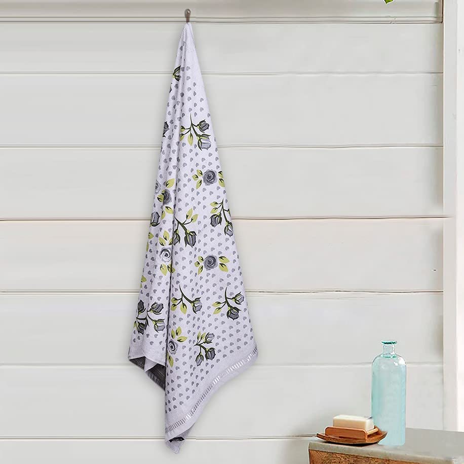 Rangoli Rose & Heart 100% Cotton Bath Towels 900 Gsm | Ultra Soft & Super Absorbent Bathing Towel (Grey) - Pack Of 2