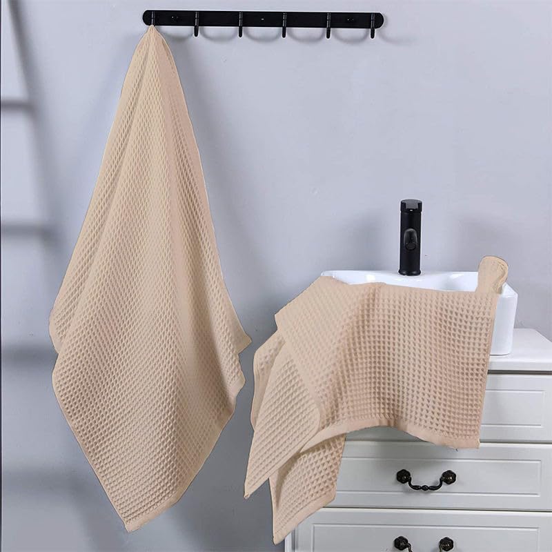 Enchant Home Pure Cotton Waffle Towel 500 Gsm | Lightweight Anti-Microbial & Water Absorbent Soft Touch Quick Drying Hand Towels | Beige (Pack Of 4)