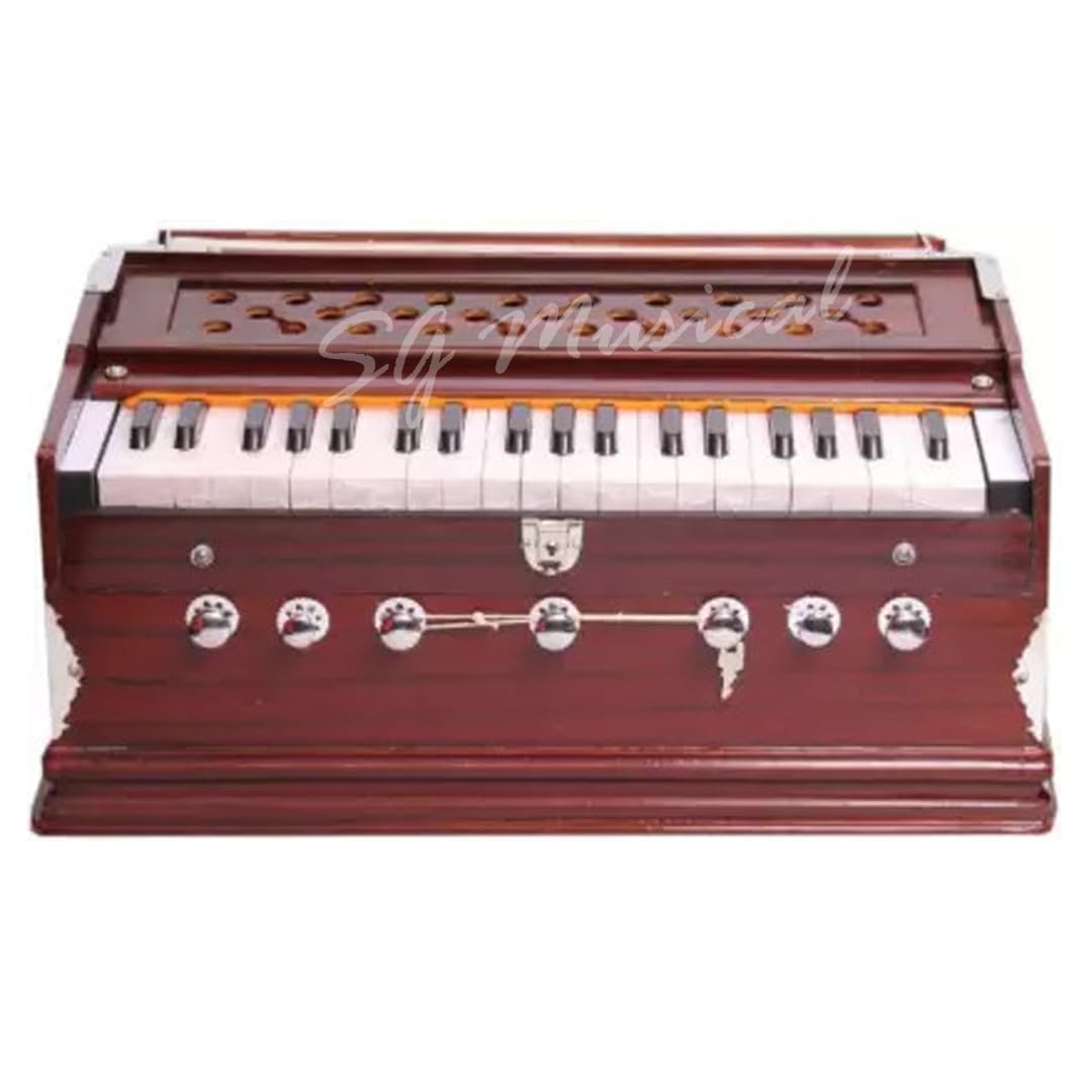 Musical Instrument Harmonium - 7 Stopper (5 Stops 2 Drones), 3 1/4 Octave, 39 Keys, Two Reeds (Bass+ Male) | Tuning 440 Standard Pitch - Two Side Carry Handles, Jaali Frame On Keys