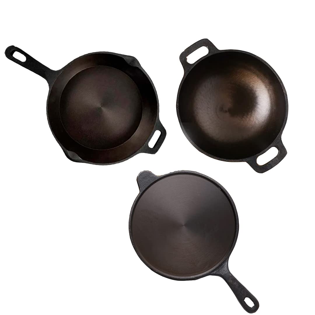 Super Smooth Black Cast Iron Cookware Set - Tawa 26.2 Cm + Kadai 26.1 Cm + Fry Pan 24.8 Cm | Pack Of 3 - Pre-Seasoned Cookware, 100% Pure & Toxin-Free, No Chemical Coating, Non Stick