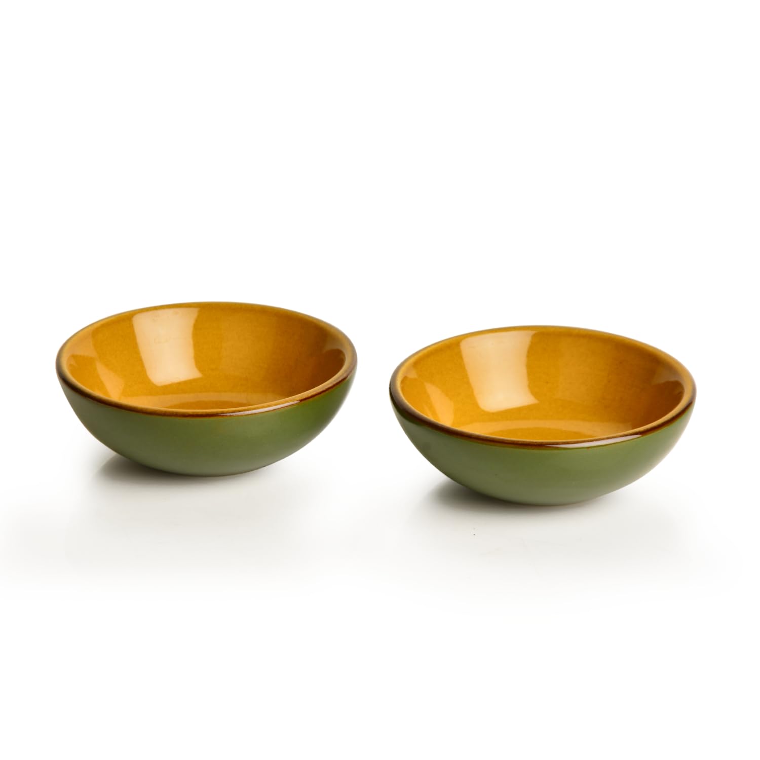 Studio Pottery Ceramic Chrome Green Round Shape Dip Bowls Set Of 2 - 50ml Each | Mini Bowls, Ketchup Bowls - Chutney, Sauce, Pickle Bowls