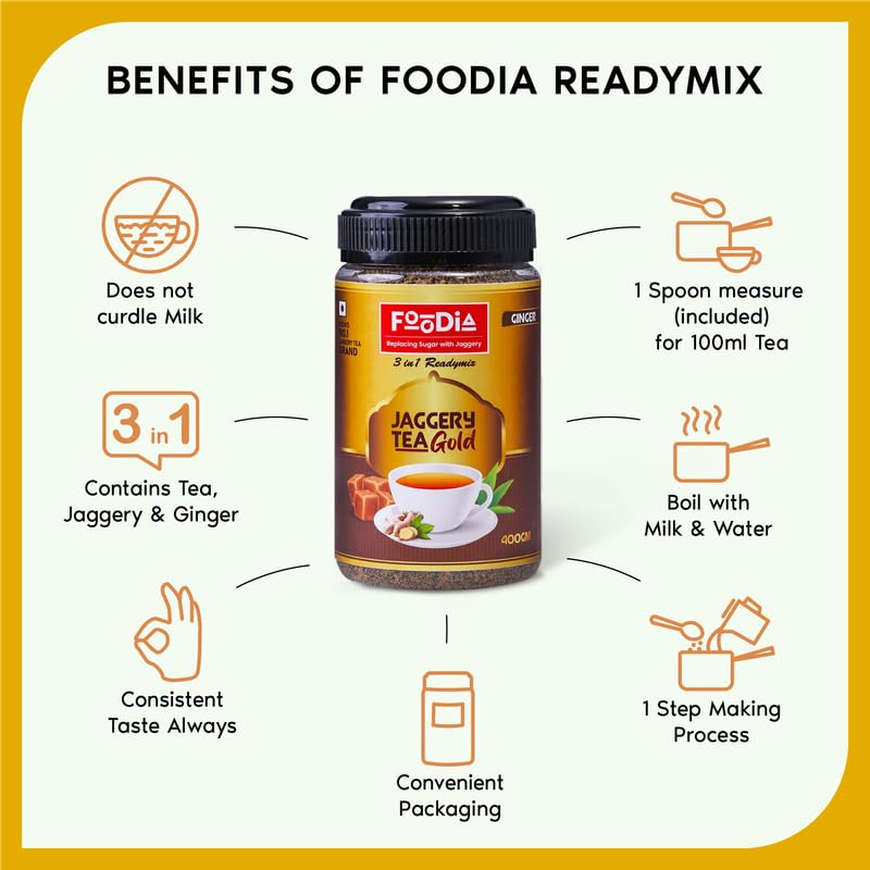 Foodia Gold Jaggery Ginger Tea 3 In 1 Readymix - Pack Of 2 X 400gm, 14.1 Ounce Each | Premium Tea Mix With Jaggery, Ginger & Assam Tea - Adrak Chai Mix, Ginger Chai | Low Caffeine