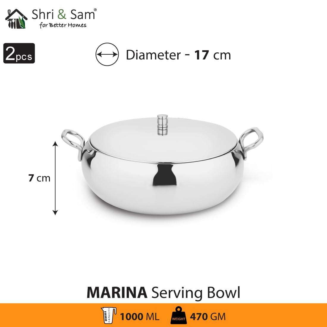 High Grade Stainless Steel Marina Serving Bowl Set With Lid - 2 Pieces, 17 Cm Each, 1000ml Each