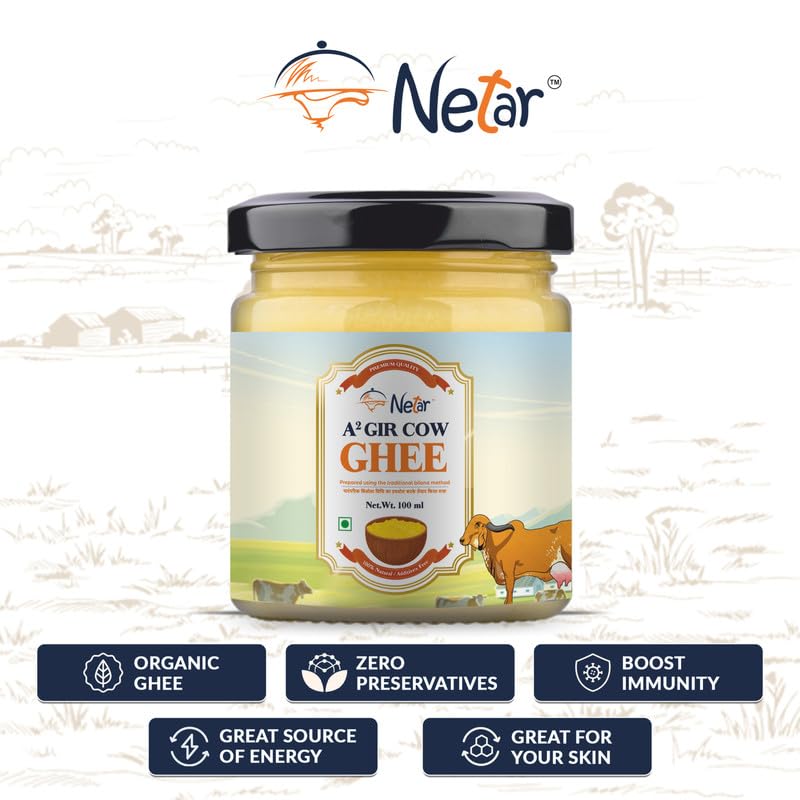 100% Natural A2 Gir Cow Ghee By Netar | Rich In Vitamins A, E Healthy Desi Ghee For Daily Cooking | (100ml) 3.3 Ounce | Jar Pack