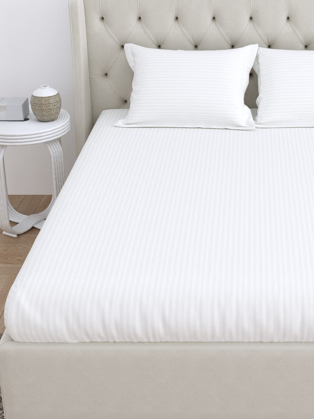King Size Fitted Bedsheet With 2 Pillow Cover - 108 X 108 Inches, White | Super Soft Premium Brushed Glace Cotton Bedsheet, Breathable & Wrinkle Free