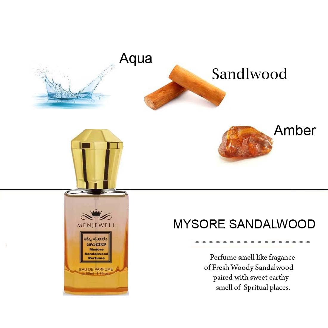 Menjewell Mysore Sandalwood Eau De Parfum 50ml 1.7 Fl.oz. Pocket Perfume Unisex Fragrance | Long Lasting | No Alcohol