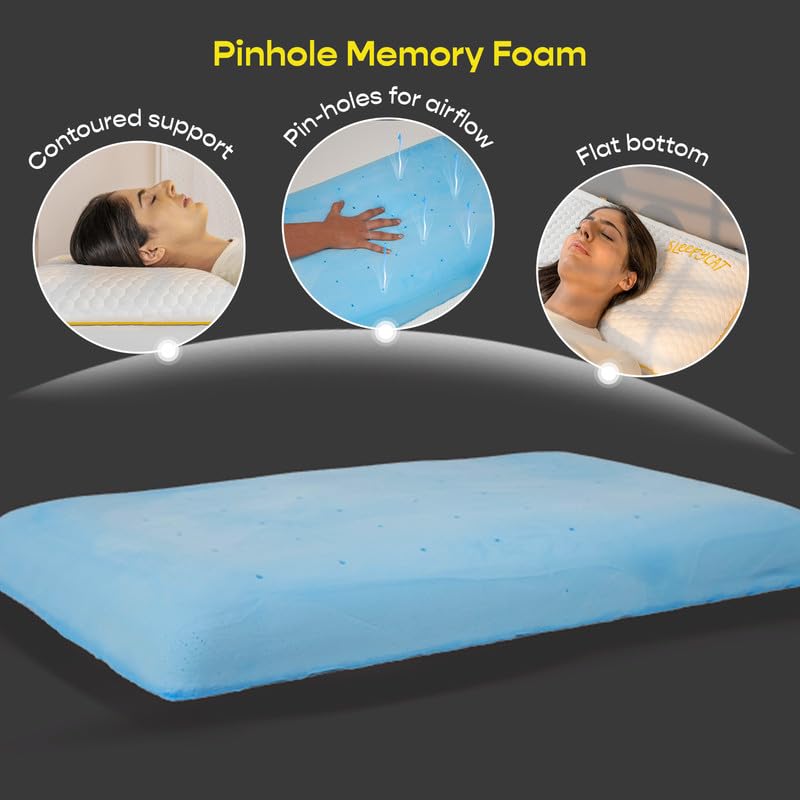 Slim Memory Foam Pillow, Thin Support Pillow For Pain Relief, Standard Size - 4.5 X 15 Inches, White & Sky-Blue | Premium Bamboo Zipper Cover, Neck Support, Removable Cover - Pack Of 1