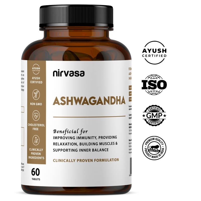 Nirvasa Ashwagandha Tablets For Men & Women 500mg With Natural Ashwagandha Extract For Immunity, General Wellness & Improves Muscles Strength | 60 Tablets 100gm 0.2lbs Each Pack Of 5