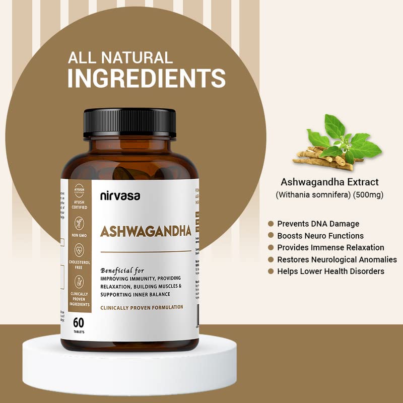 Nirvasa Ashwagandha Tablets For Men & Women 500mg With Natural Ashwagandha Extract For Immunity, General Wellness & Improves Muscles Strength | 60 Tablets 100gm 0.2lbs Each Pack Of 3