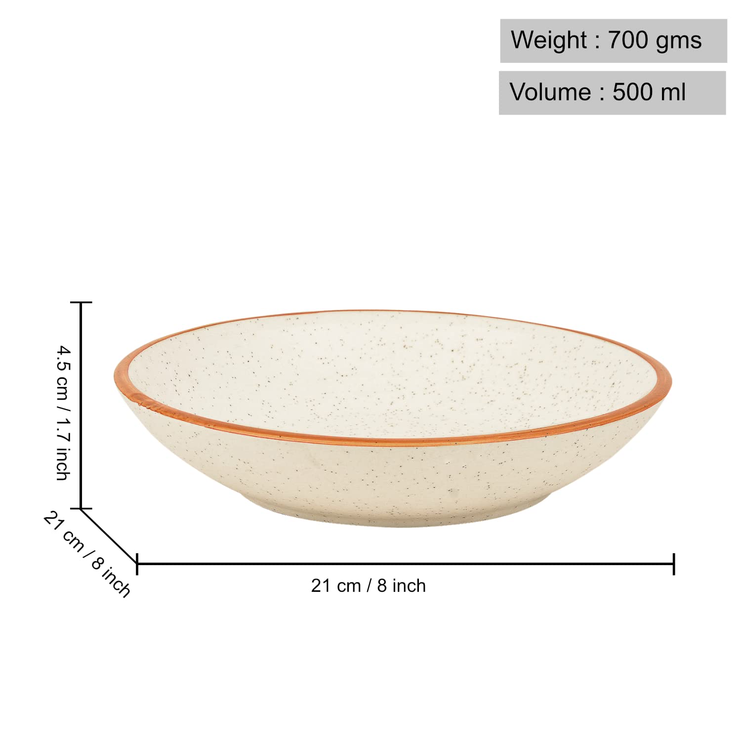 Studio Pottery Matt Finish Ceramic Serving Bowl - Off White & Brown, Diameter – 21 Cm, 500ml | Rice & Salad Bowl - Snack Bowl, Vegetable & Pasta Serving Bowl