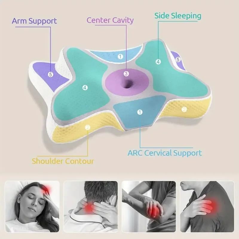 Cervical Butterfly Pillow, Orthopedic Memory Foam For Neck & Shoulder Pain, White & Light Grey | Ergonomic Contour Design | Dual Height Support | Side Sleeper Pillow With Arm Rest