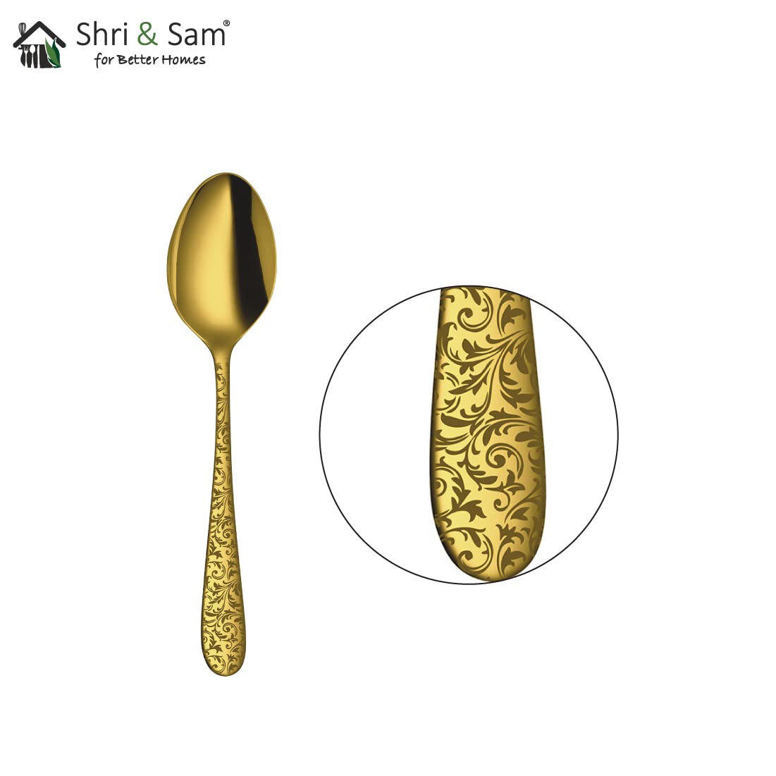 Stainless Steel Jasmine With Gold PVD Coating & Laser Baby Spoon Set Of 6 Pieces | Easy To Clean & Dishwasher Safe