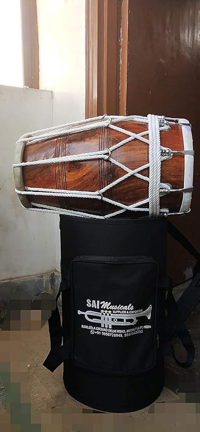 Sheesham Wood 18 Inch Dholak With Bag - Brown | Dholak For Festival, Wedding, Satsang - Very Easy To Tune, Goat Skin For Bast & Great Sound Quality